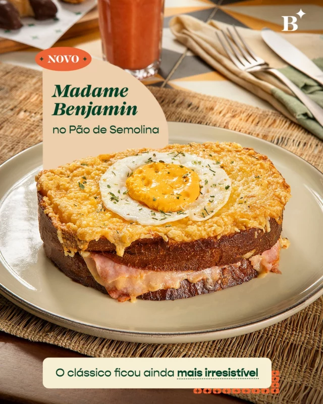 O Madame Benjamin agora vem com novidade! 

Experimente esse clássico no pão de semolina artesanal, levemente tostado na chapa, para um almoço diferente e especial.

Vem provar essa delícia no café, brunch ou qualquer hora do dia.

#Benjamin #PadariaSP #CroqueBenjamin