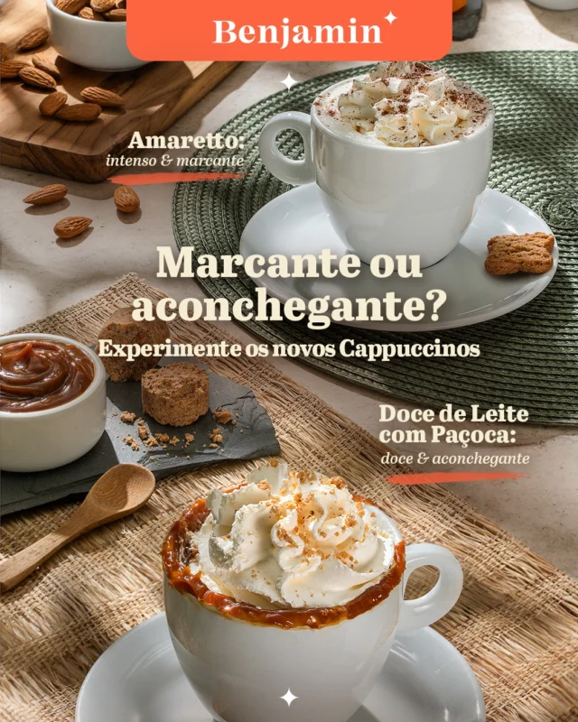 Cada pausa pede um sabor diferente. Na dúvida entre o sabor marcante e o aconchegante, a melhor opção é provar os dois. 😍

Mas conta pra gente, qual seria sua escolha hoje?

#Benjamin #Novidade #Lançamento #Cappuccino #Amaretto