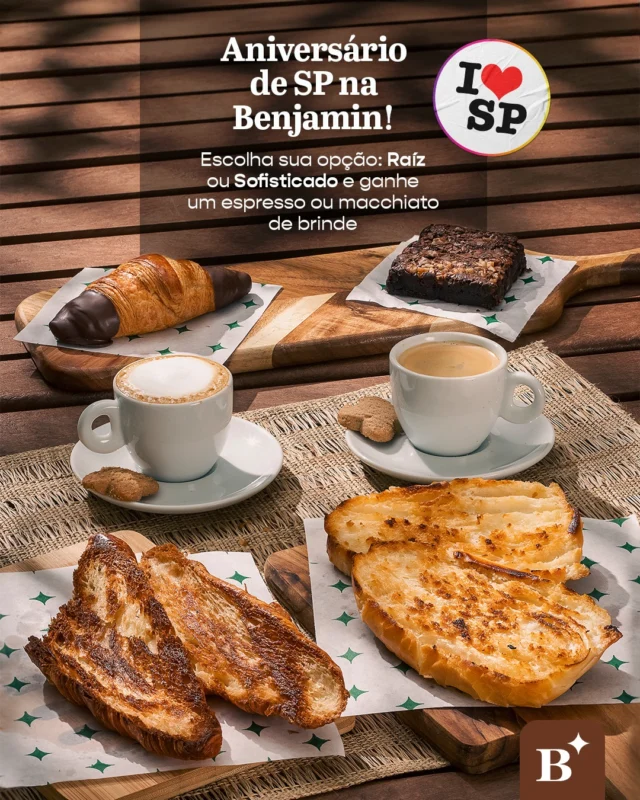 São Paulo é feita de estilos, rotinas e jeitos únicos de viver. 

Tem o jeito Raiz, direto e clássico, que ama um café expresso. E o Sofisticado, que transforma a pausa em uma experiência completa, com as delícias perfeitas para acompanhar.

No aniversário de SP, a Benjamin te convida a escolher seu ritual preferido e brindar esse momento com calma.

#Benjamin #PadariaSP #Brunch #AniversárioSP #SãoPaulo #Café