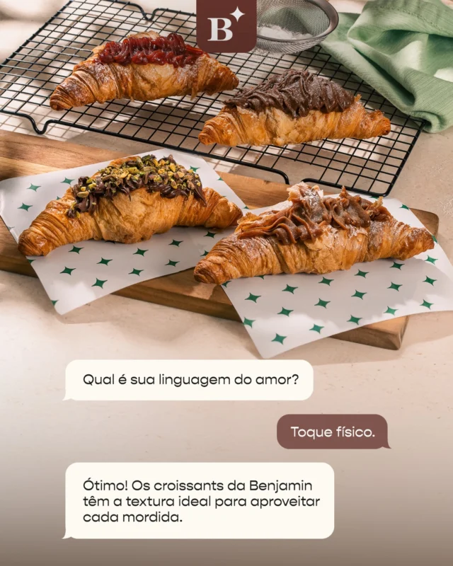 Se a sua linguagem do amor é toque físico, a nossa pode ser croissant bem folhado, cobertura generosa e aquela textura que faz cada mordida valer a pena.

Escolha o seu favorito e aproveite esse momento na Benjamin.

#BenjaminAPadaria #PadariaSP #Croissant #Café #Doces #PausaComSabor
